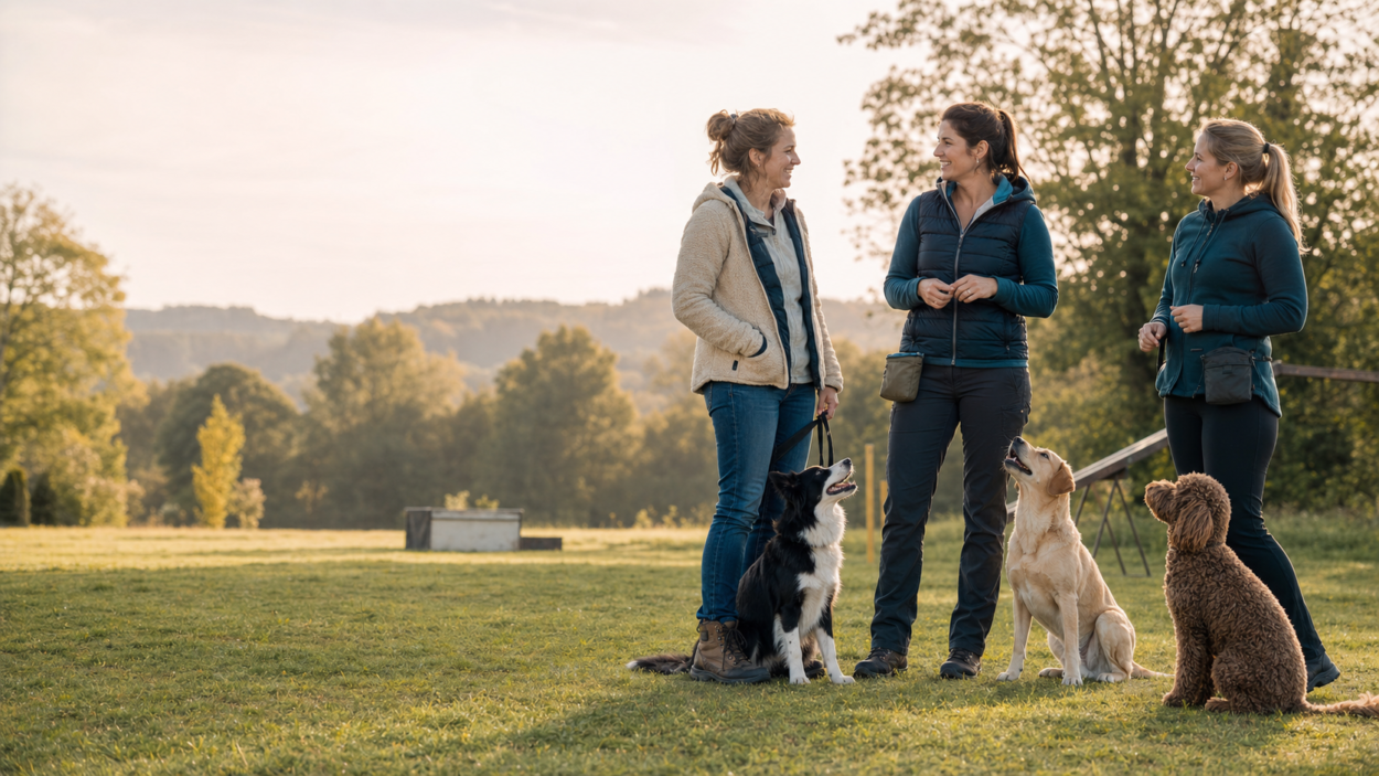 Hundetrainerinnen mit ihren Hunden im fachlichen Austausch
