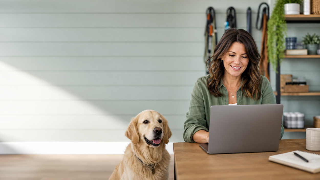 Hundetrainerin arbeitet mit Laptop an digitalen Inhalten für ihre Hundeschule