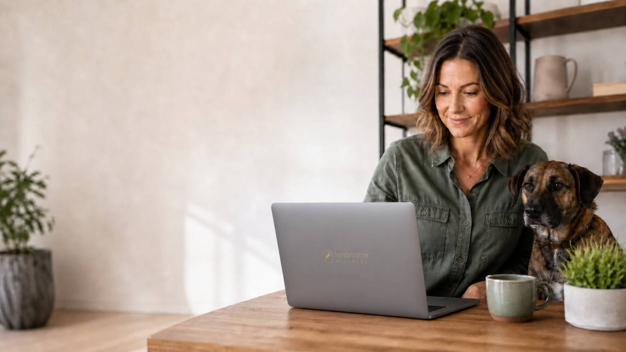 Hundetrainerin plant mit Hund und Laptop ihr Marketing und ihre Website