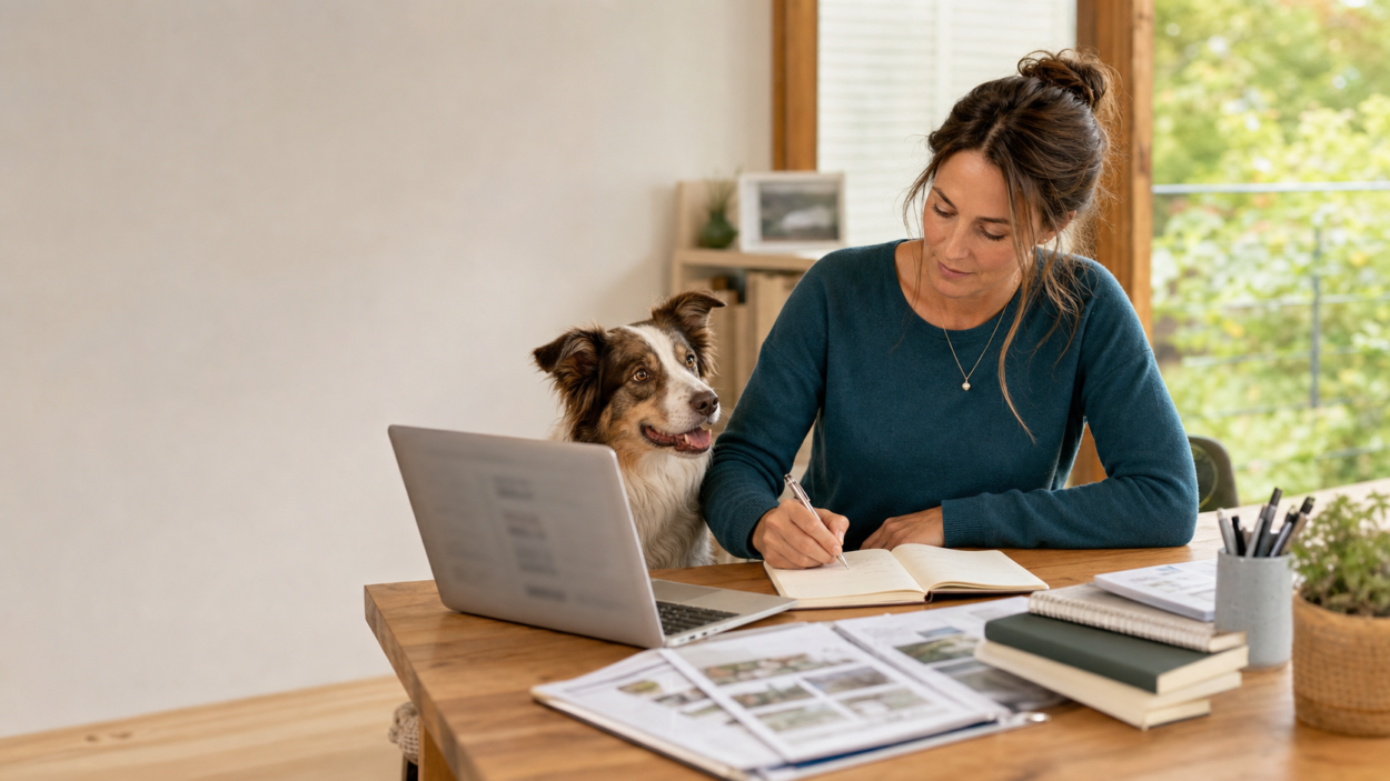 Hundetrainerin arbeitet mit Hund an Unterlagen für ihr Hundebusiness